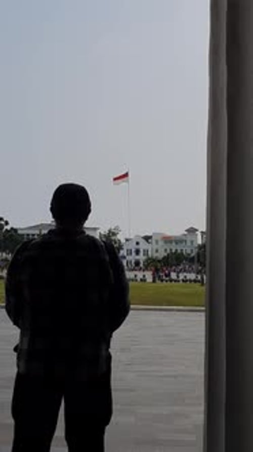Silhouette of the man looking at the flag