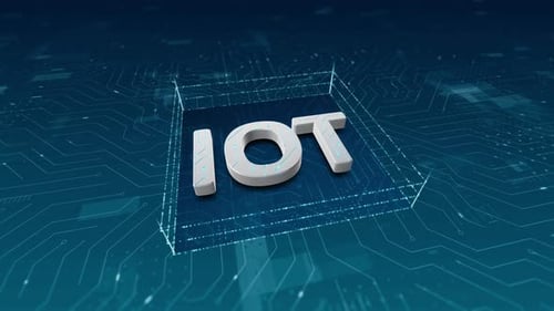 Blauer 3D-IOT-Buchstabe und Partikel mit Leiterplatte auf abstraktem 3D-Hintergrund des Internets der Dinge
