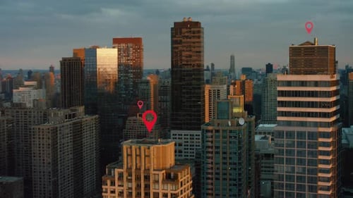 Aerial of New York City Technology Smart City Skyline. Localization Icons In
