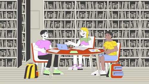 Animated Students Studying and Learning in Flat Design Library