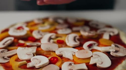 Chef Prepares Pizza On The Dough Hands Put The Toppings The Process Preparing The Pizza For Baking