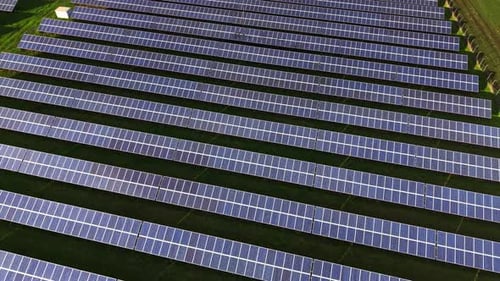 Solar panels arranged in neat rows on green land captured from above