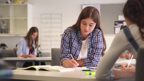 University Student Smiling While Studying For Exams In Classroom. Pretty Woman Sitting In Classro...