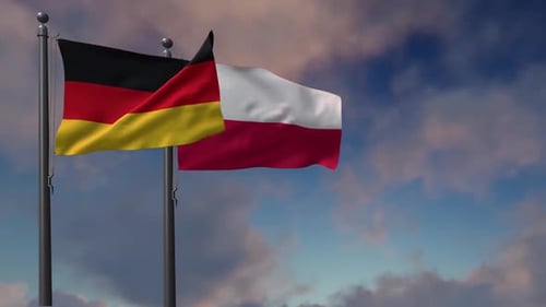 Germany And Poland Flags Waving Together In Sky