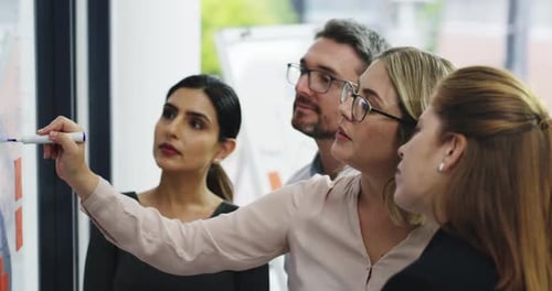 Planning, whiteboard and business people brainstorming in the office for a corporate project