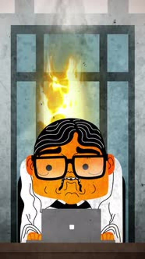 Büroangestellter mit Burnout, als Feuer aus dem Kopf steigt