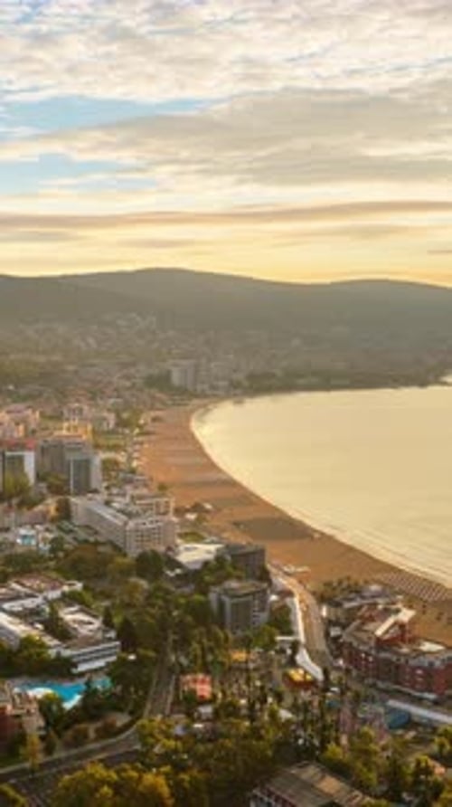 Time lapse of the Sunny Beach resort in Bulgaria at sunset. Vertical