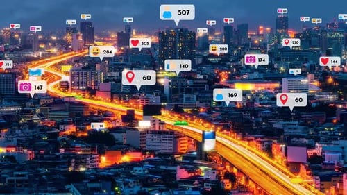 Social Media Icons Fly Over City Downtown Showing People Reciprocity Connection