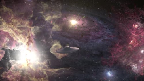 Cosmic Space Travel Animation with Flying UFO and Distant Galaxy