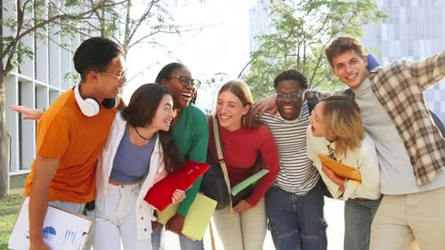 Big Group of Real Students Smiling and Looking at Camera Together at High School Happy Teenagers