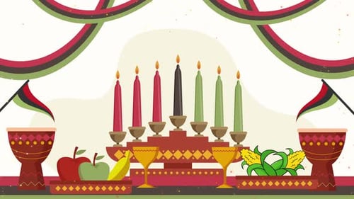 Kwanzaa Celebration Animation with Kinara, Drums, and Produce