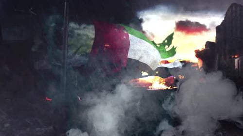 Distressed Flag Waving Over a Smoky Battle-Scarred City