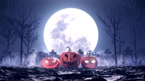 Spooky Halloween Graveyard with Jack-o'-Lanterns and Flying Bats