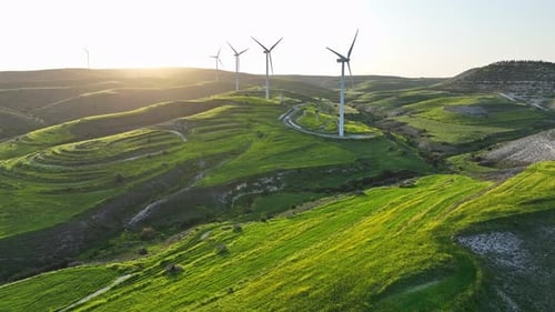 Aerial View Wind Power Plant at Sunset