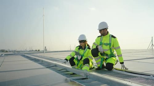 Professional engineers inspect rooftop solar panels. A woman with a tablet and a man examine energy