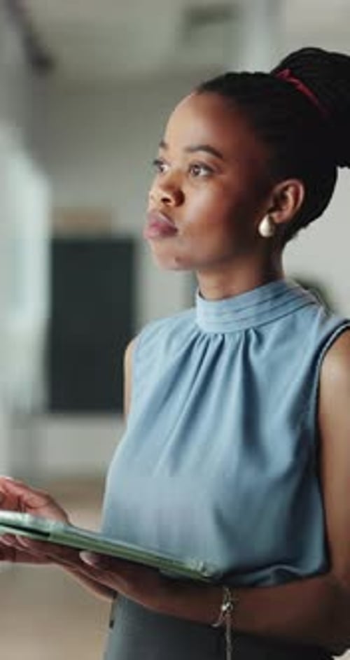 Thinking, tablet and black woman in office with regulation, evaluation or project planning