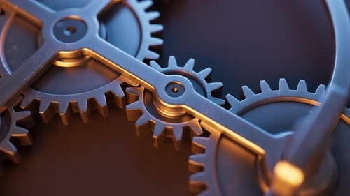 Loop-Animation einer mechanischen Struktur aus Metallzahnrädern.