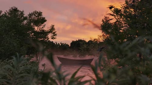 Drifting Boat On Beautiful Lake Covered By Plants And Steam Fog