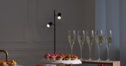 Buffet menu. Many different appetizers on table, closeup. Camera moving down