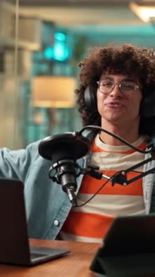 Speaking, presenter or man with tech for podcast, reading audience questions