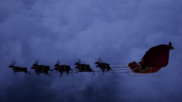 Santa Claus Flying with Reindeers and Sleigh Over Clouds on a Magical ...