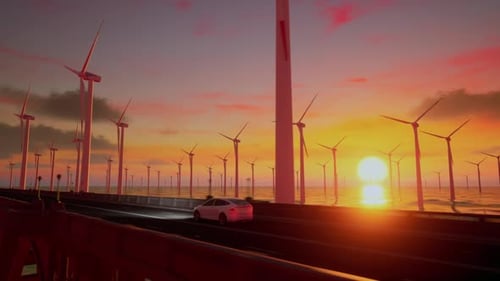 3D Render Of Generic Electric Car Drives On Highway With Wind Turbines At Sunset