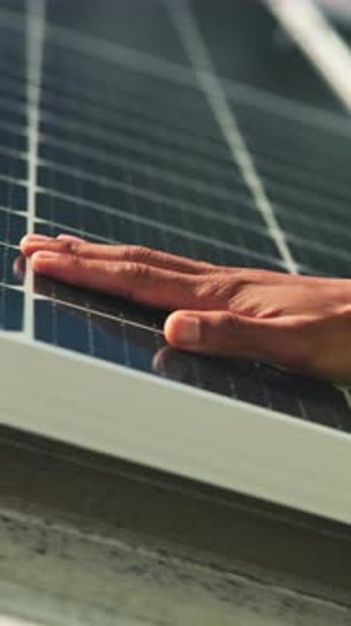Grid, solar panel and touch with hands of person in city for renewable energy