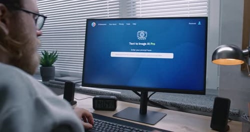 Adult Man Types Prompt in AI Image Generator Software on PC