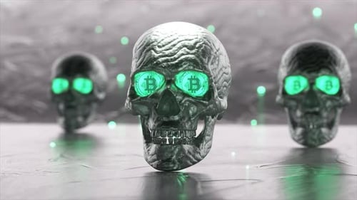 Silver Skull is Showing the Bitcoin Symbol in Its Glowing Green Eyes Other Skulls are Visible in the