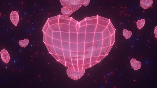 Futuristic Neon Wireframe Hearts Floating Loop Background
