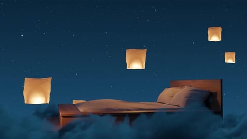 Dreamlike Bed Floating on Clouds with Sky Lanterns at Night