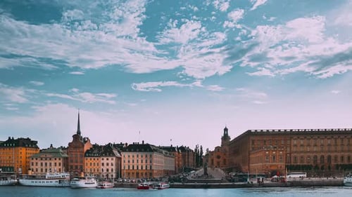 Stockholm Sweden Scenic Famous View Of Embankment In Old Town Of Stockholm At Summer Gamla Stan In