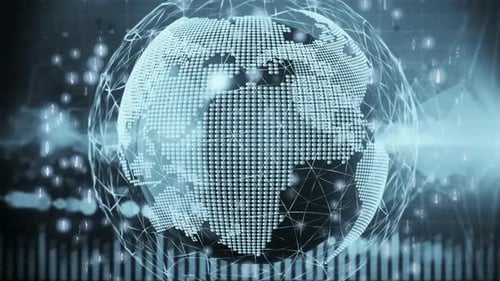 Global network connecting continents with digital data streams for modern business communication, in