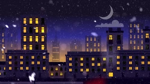 Edificios urbanos nocturnos y trenes