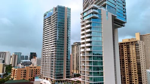 Stunning unusual modern high-rise buildings in the scenery of Honolulu, Hawaii, USA.