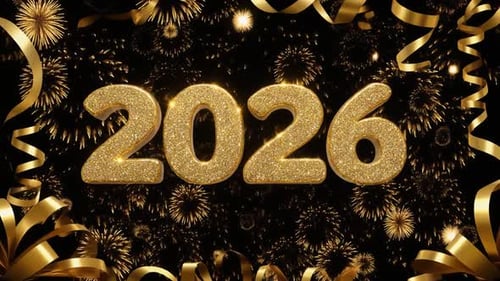 Golden 2026 Numbers with Festive Fireworks and Ribbons Animation