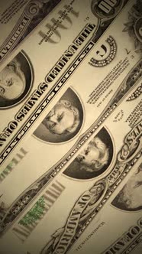 Old American Dollars Banknote Bills - Spinning Loop - Top Close Up View - Vertical Screen