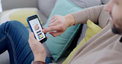 Mobile app, man or hands on fast food website to order on menu option or choice on ux screen
