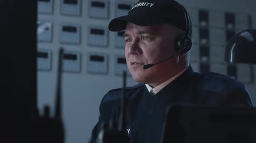 Security Officer Looks View From Security Cameras