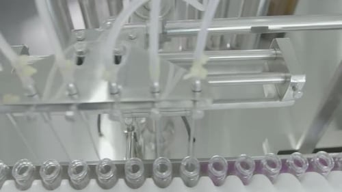 Flacons en verre remplis de liquide médical sur une ligne de production automatisée en milieu stérile