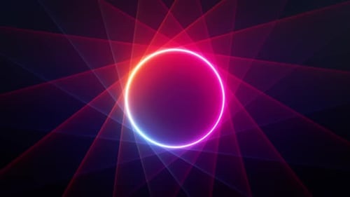 zyklische 3D-Animation eines sich drehenden leuchtenden Neonrings mit Lichtstrahlen und Linsenblendeffekten
