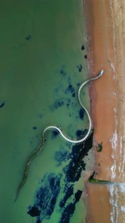 Vue aérienne de la sculpture d'art Serpent d'Ocean au bord de la mer, France.