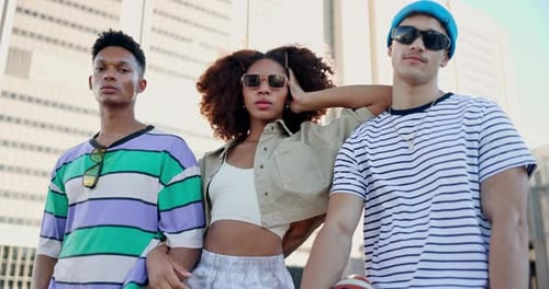 People, students or fashion with sunglasses in city for casual or urban style clothing together