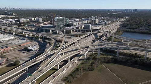 Aerial view Interstate I-10 freeway and Bellway 8 Houston Texas. Establishing shoot of the intersect