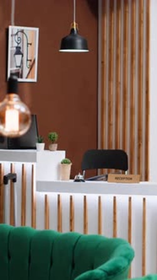 Vertical Video Expensive Hotel Reception with Empty Modern Front Desk