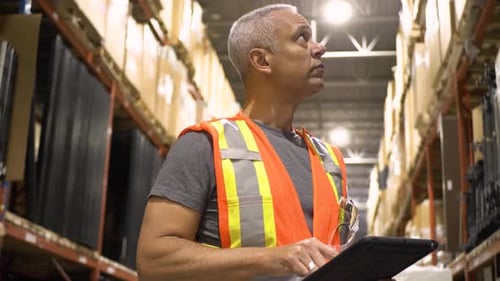 Male Warehouse Supervisor with Laptop Checking Inventory 5559 Years