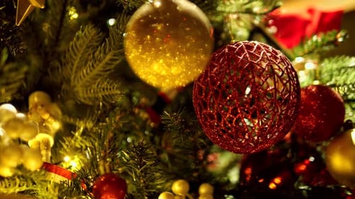 Big Beautiful Christmas New Year Tree Close Up with Toys Balls Decoration with Gifts in a White