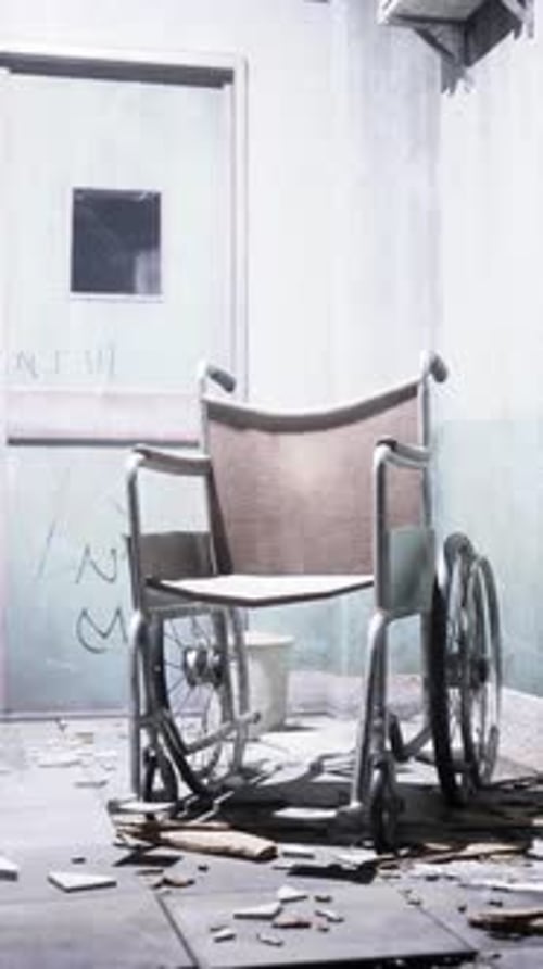 Wheelchair Parked in Front of Abandoned Hospital