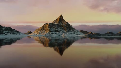 3D-Rendering Landschaft Berge Schnee und See Sonnenuntergang Himmel Copy Space