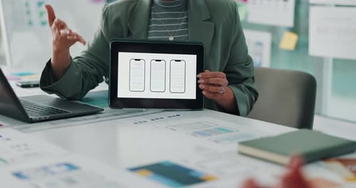 Businesswoman Explains Mobile App Design on Tablet